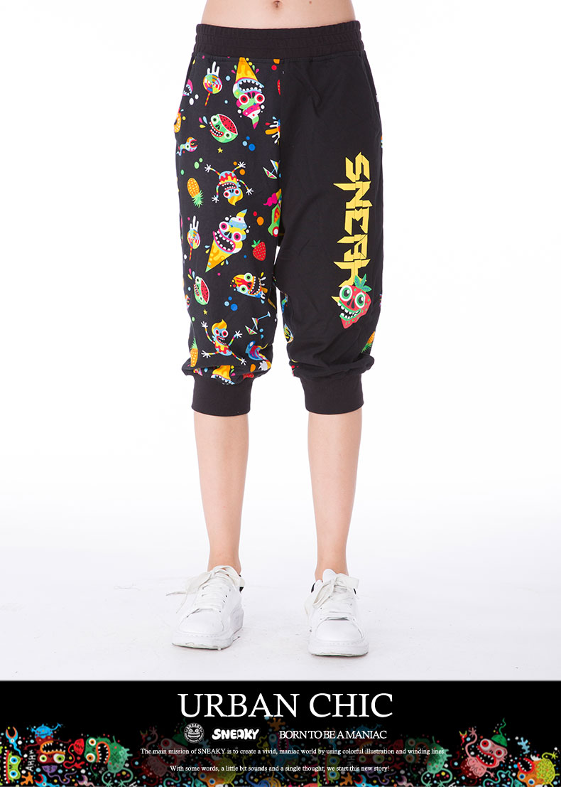 夏季新款不对称五分裤女下装休闲中裤满版拼接潮短裤