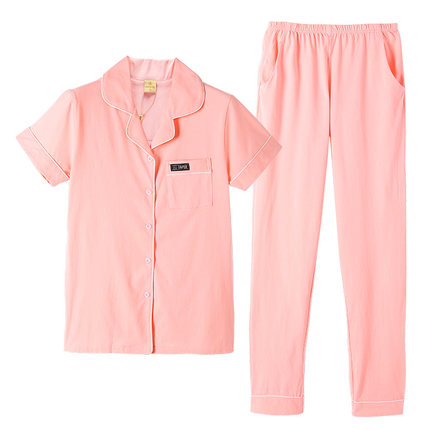 芬腾新款纯棉情侣睡衣男女士夏季薄款短袖长裤开衫家居服套装