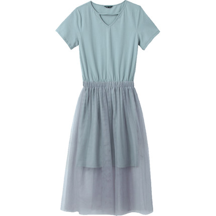 新款夏季假两件短袖连衣裙中长款欧根纱休闲裙子韩国